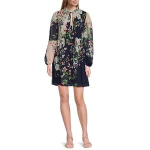 Jessica Howard Tie Split Neck Balloon Sleeve Pleated Chiffon Sheath Dress 4P NWT